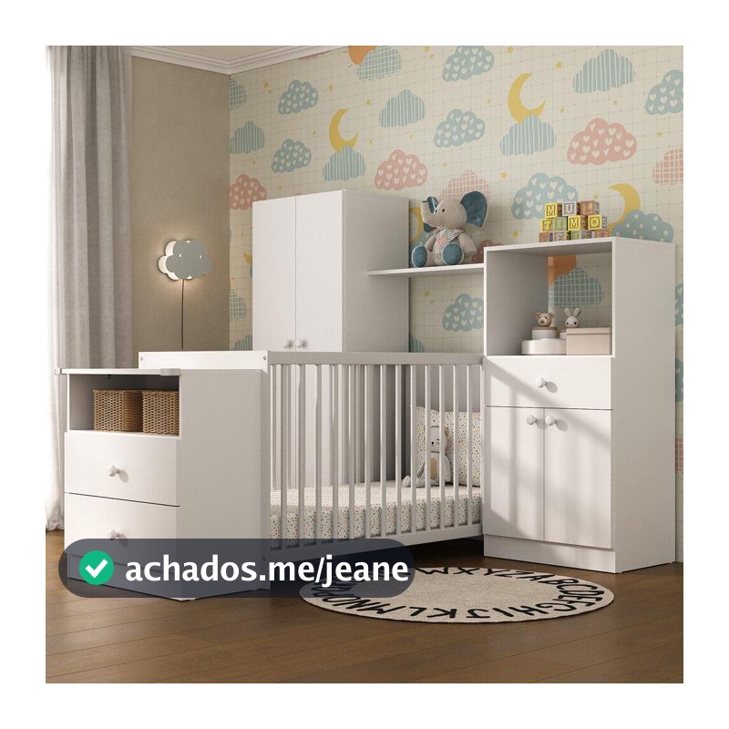 Quarto Infantil com Berço-Cômoda e Colchão Incluso Olívia Multimóveis Branco