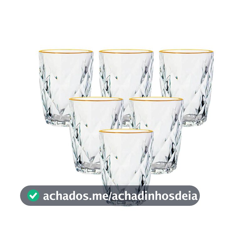 Jogo De Copos De Vidro Diamond Fio De Ouro 270ml 6 Peças - Lyor