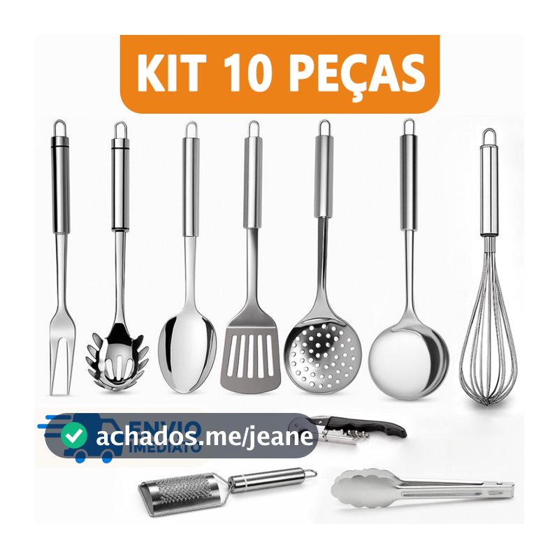 Kit 10 Utensílio para Cozinha Aço Inox Escumadeira Concha Colher Arroz Garfo Espátula Fue Pegador Ralador