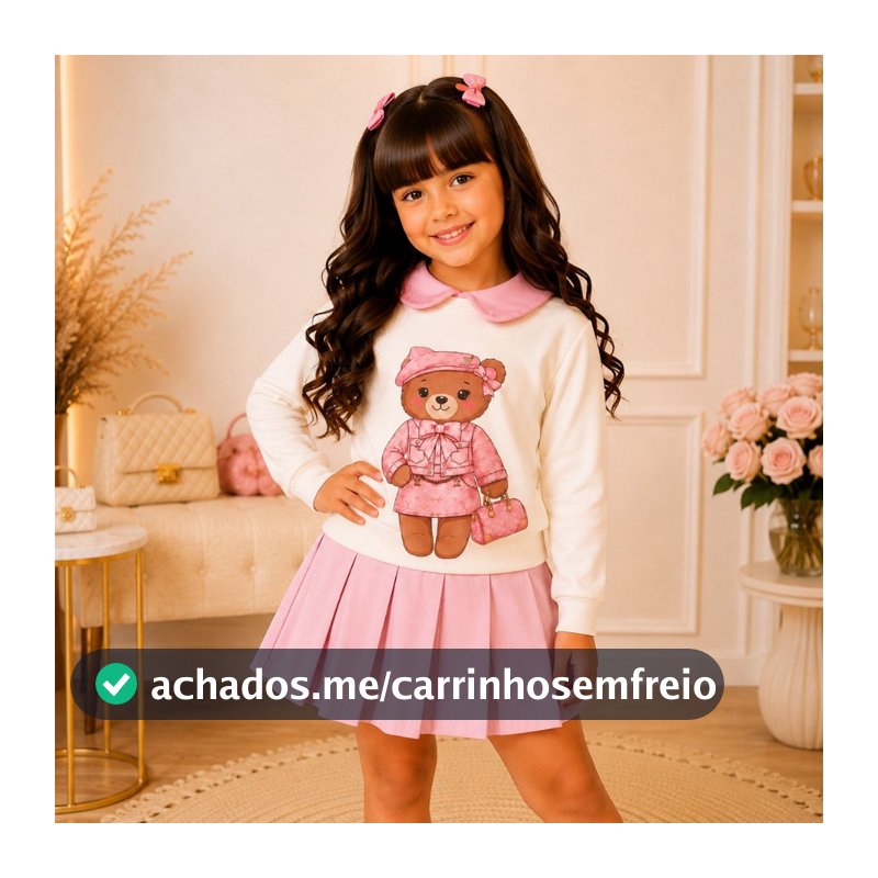 Conjunto Infantil Menina Ursinha Moletom Peluciado Short Saia Boutique Blogueirinha Inverno