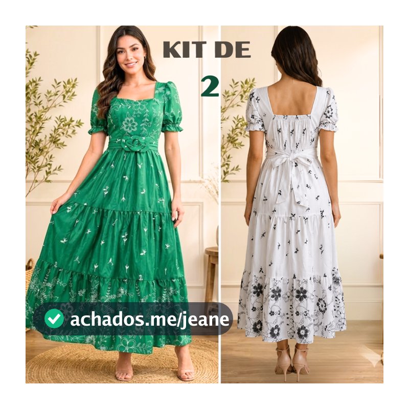 Kit 2 Vestidos Longos Femininos Manga Bufante Com Cinto Moda Evangélica