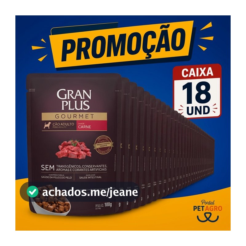 Caixa 18 und Sachê Granplus Gourmet Adulto Carne 100 gr