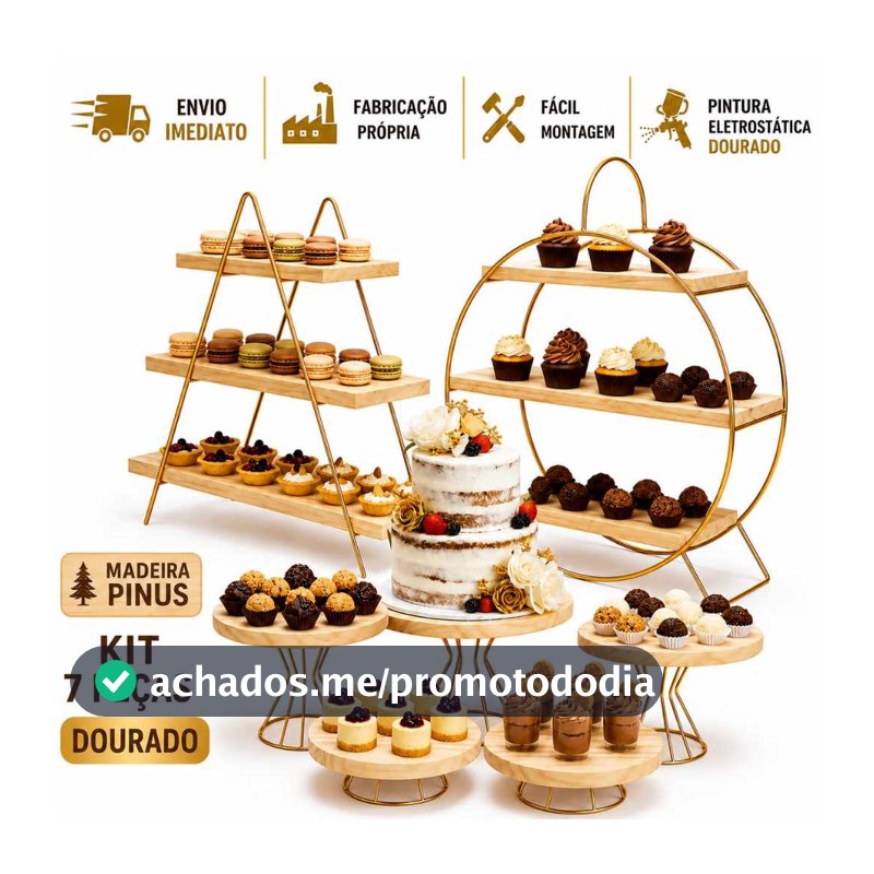 Combo Completo Kit Boleiras + Doceira Escada + Doceira Roda Gigante, Madeiras Pinus Envernizadas Decoração festa