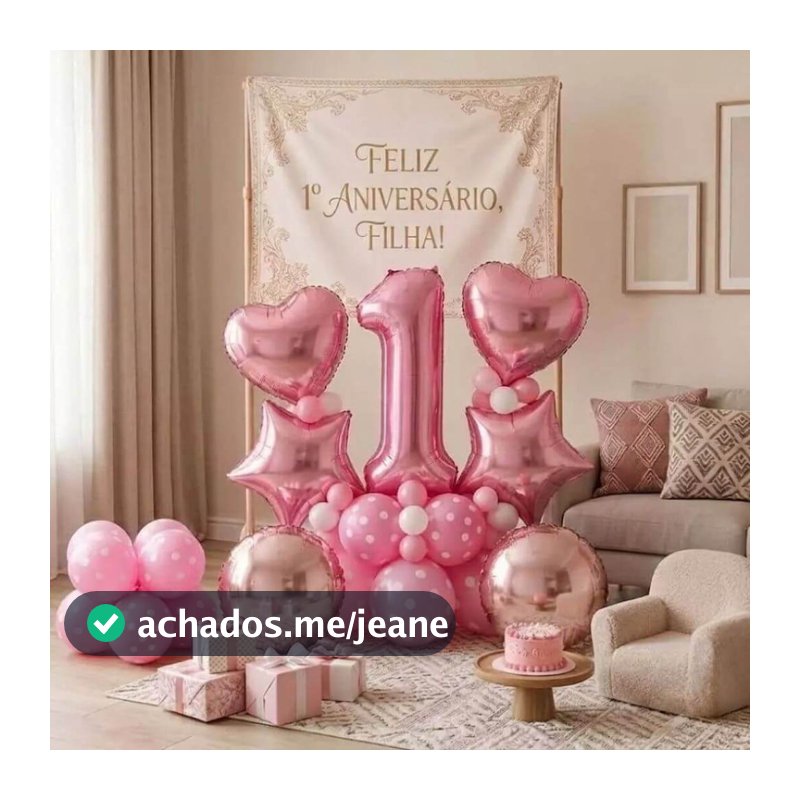 Kit Balões Meu 1 Aninho Rosa Menina Coração Estrela Números Smash Cake Aniversário