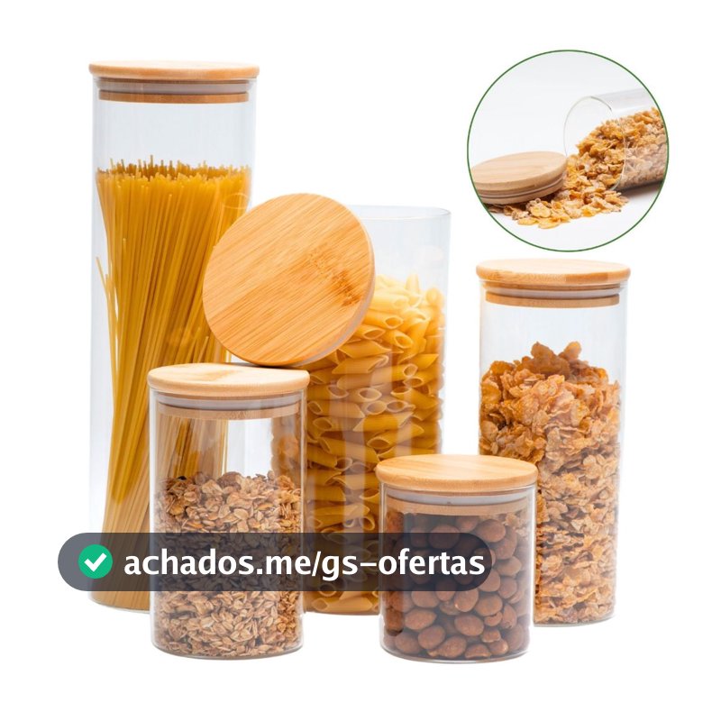05 Potes de Vidro Hermético Transparente Tampa Bambu Porta Alimentos