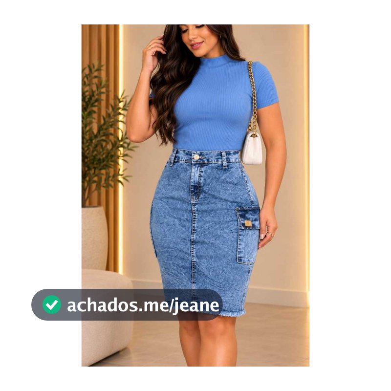 Saia Jeans Marmorizada Cargo Lápis Com Bolso Lateral E Barra Desfiada Cintura Alta Com Elastano