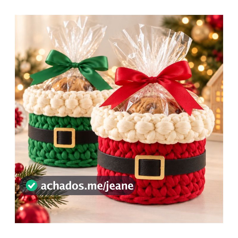 Porta Mini Panetone de Crochê Papai Noel Lembrancinha e Decoração de Natal Cesto organizador