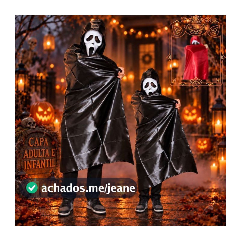 Capa Halloween Adulto e Infantil Vampiro Drácula Capuz Cetim Preta Vermelha