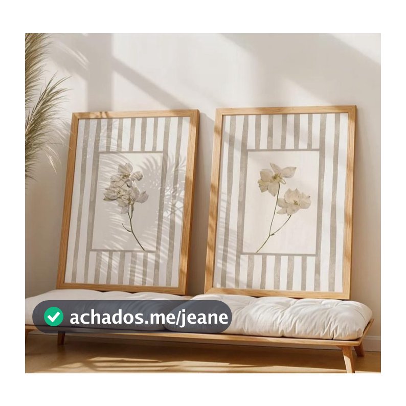 Kit 2 Quadros Arte Botânica de Flores Bege Fundo Listrado