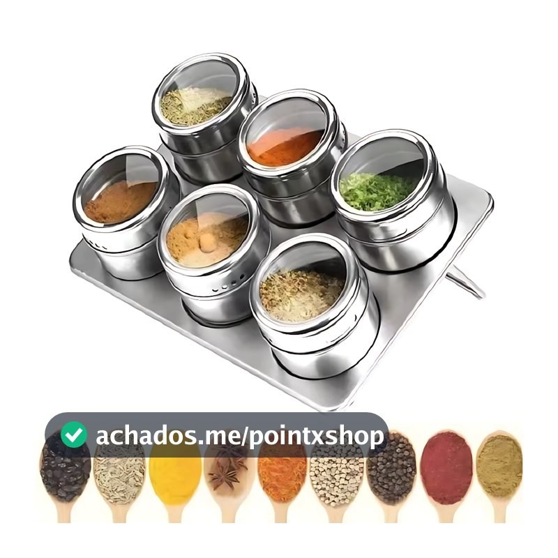 Porta Tempero Condimentos Magnético Aço Inox 3/6 Potes Com Suporte Imã Geladeira Cozinha
