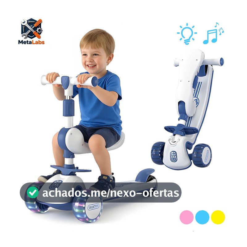 Patinete Infantil Dobrável com Assento e LED Brilhantes Menina e Menino