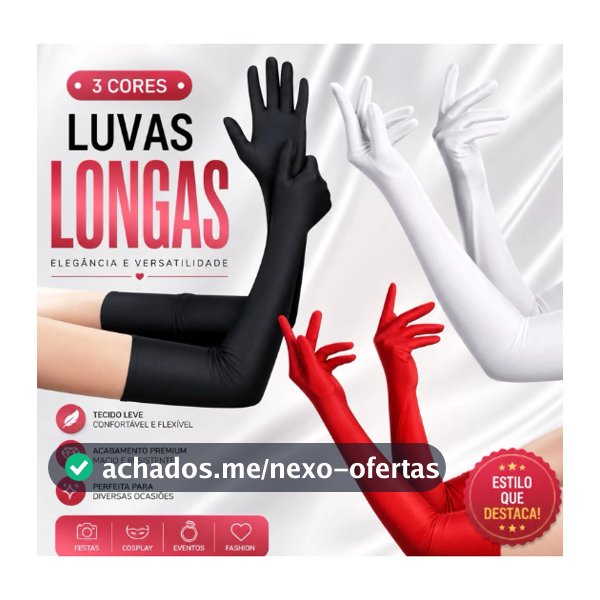 1 Par De Luva Longa curta para Festa Fantasia Carnaval Casamento Festas noturnas Branca/Preta/Vermelha