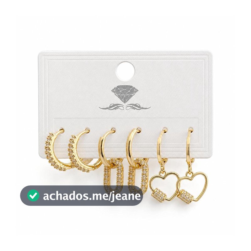 Kit 3 Pares Brincos Femininos Argolas Liga Strass Coração