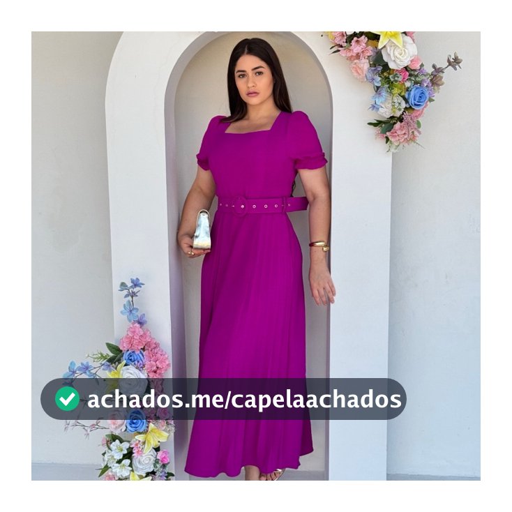 Vestido Clara Feminino Max Midi Plissado com Cinto e Gola Quadrada