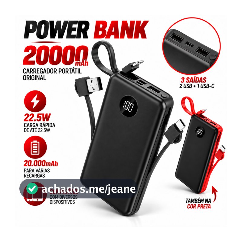 Carregador Portátil Original Power Bank 20000mAh 22.5W Display Digital