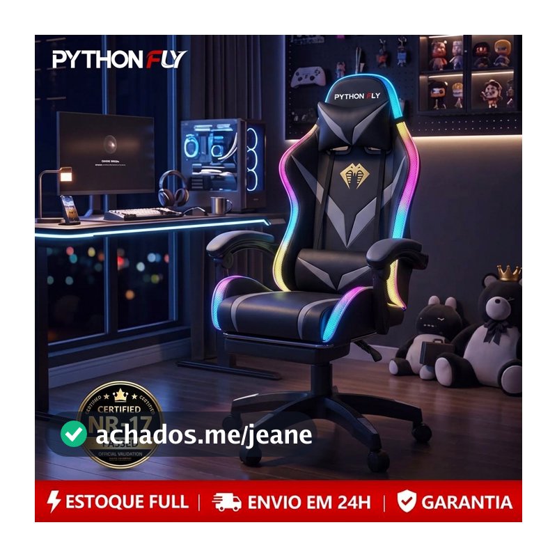 Cadeira Gamer Reclinável RGB LED com Controle, Ergonômica, Giratória, Suporta 150kg, Estofado PU  Reclinável Estofado