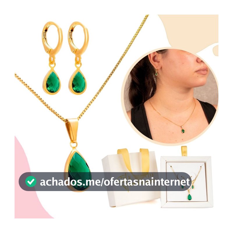 Conjunto Colar e Brinco Antialérgico Banhado a Ouro 18k Feminina Gota Verde Zircônia