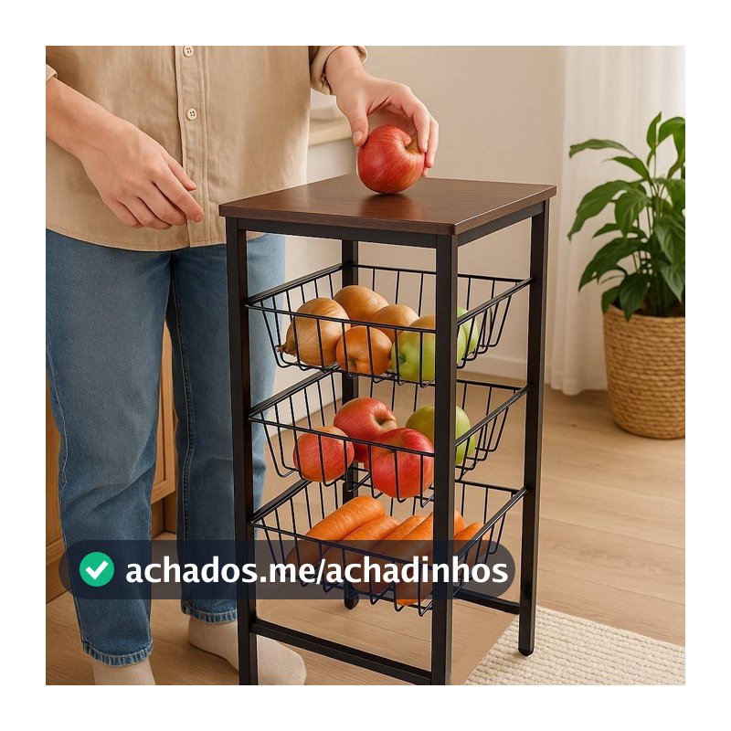 Fruteira De Chão E Bancada Suporte Oganizador Preto Amadeirado
