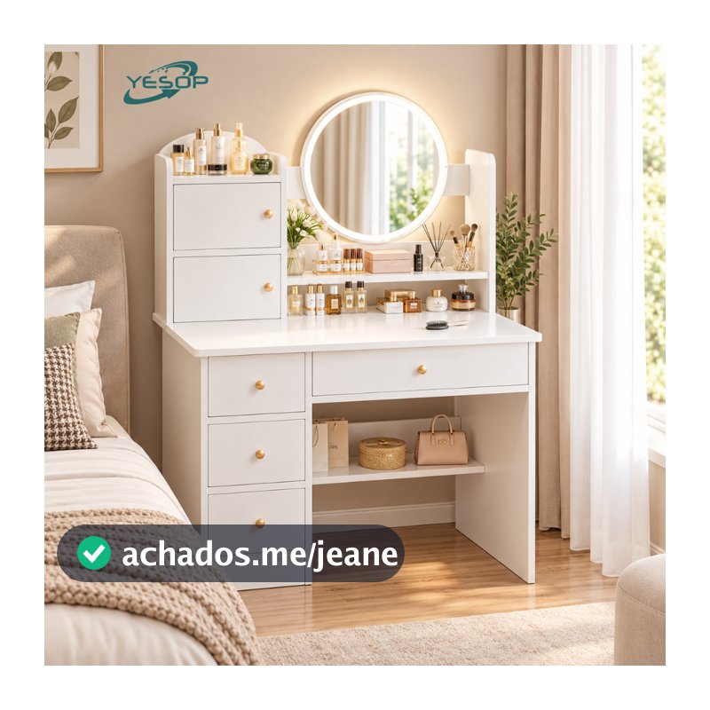 Penteadeira de quarto com 4 Gavetas e 2 Portas mesa de maquiagem multifuncional LED branca Yesop