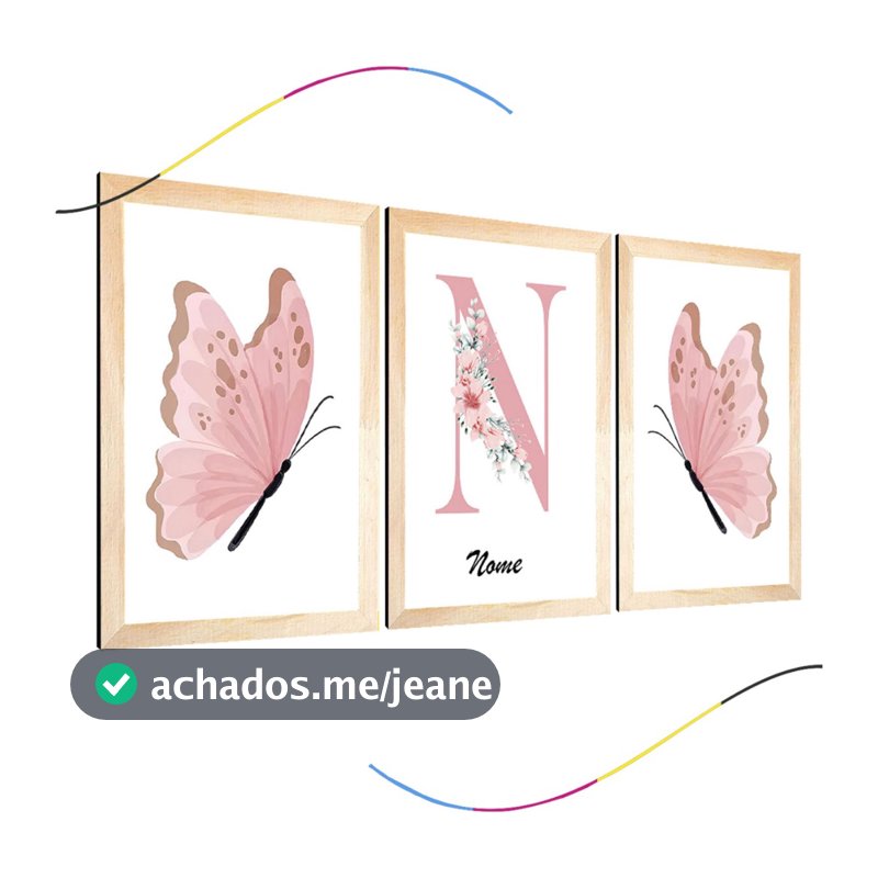 quadro decorativo infantil personalizado borboletinhas cor de rosa fofa menina quarto 3 peças