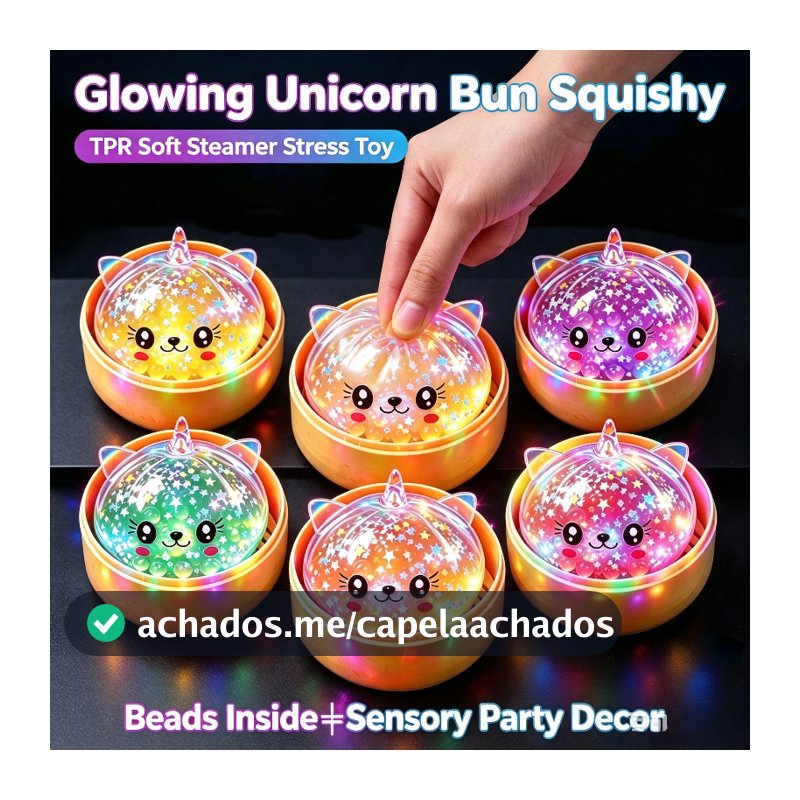 LED Glitter Estrela Grânulo Unicórnio Bun Brinquedo Mole Completo Com Simulação Cesta De Vapor Bonito Brilhante Decoraçã