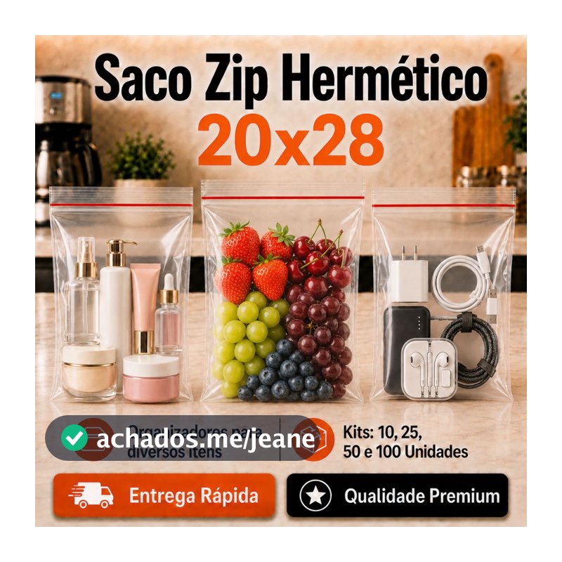 Saco Zip Hermético 20x28 Plástico Grande 10/25/50/100 Unidades Organização Abre e Fecha