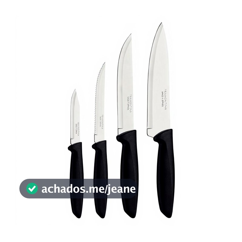 Jogo de Facas Tramontina Plenus Preto 4 Peças Original Aço Inox Faca Chef Churrasco Legumes Cozinha Cabo Polipropileno