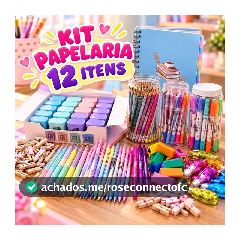 Kit 12 Itens Papelaria Fofa Canetas, Borrachas, Lápis, Marca Texto e Acessórios Kawaii para Presente