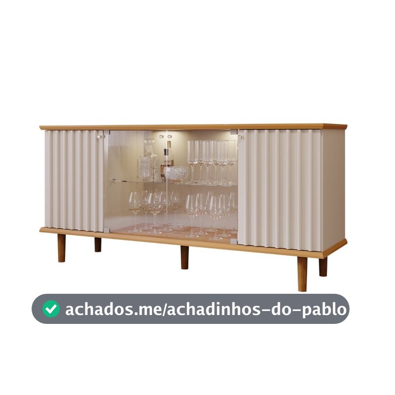 Aparador Buffet 2 Portas Ripada e 2 Vidro Temperado Led Pés Em Madeira Janice Cimol Nature/Off White