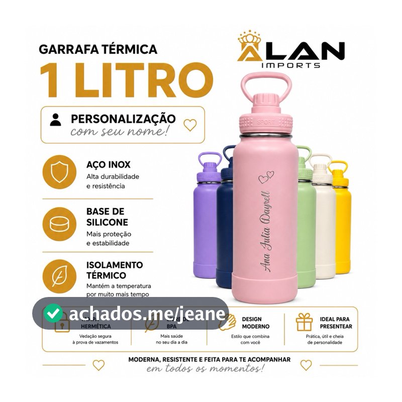 Garrafa Térmica 1L/1000ML aço inox personalizada com seu nome + base de silicone