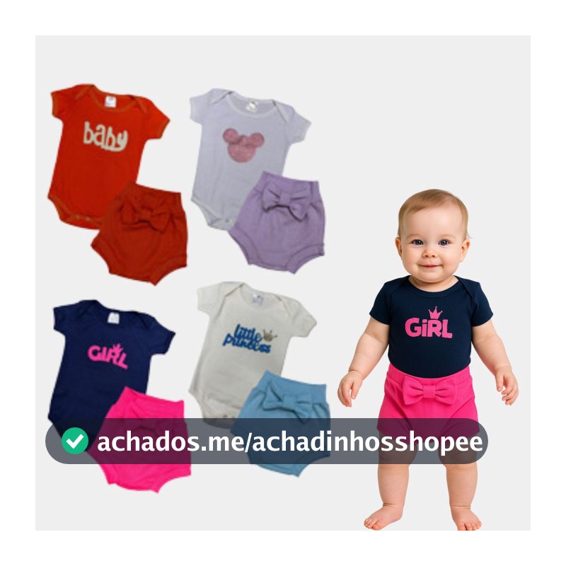 Kit 8 Peças de Roupa Bebê Menina - Conjunto Body Curto + Shorts laço Oferta Relâmpago