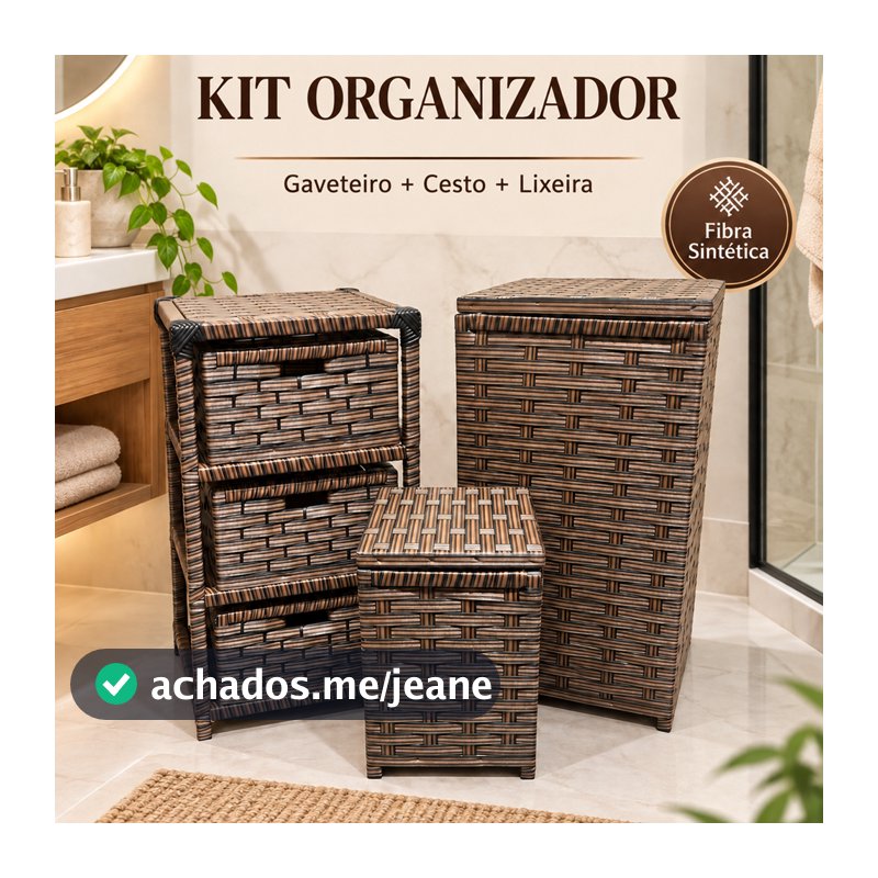 Kit Organizador Banheiro Fibra Sintética Cesto Gaveteiro Lixeira Quarto Lavanderia