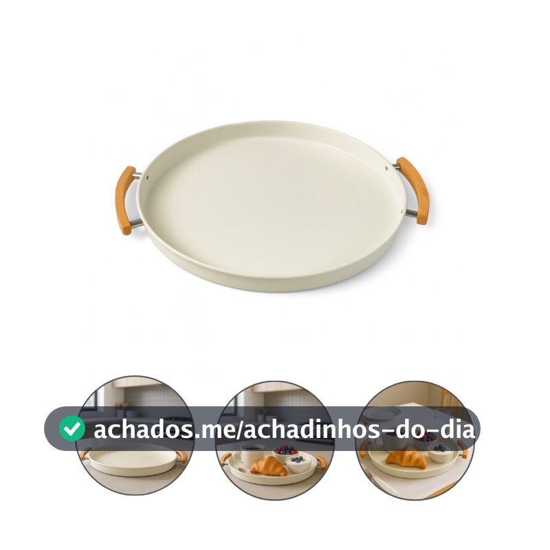 Bandeja Decorativa Multiuso Grande Para Servir Metal Redonda Reforçada Alça Em Bambu 36cm Linha Lumi Larumi