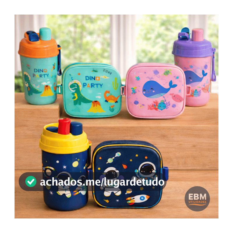 Kit Lancheira Marmita Infantil com Garrafa e Talheres Organização 4 Peças