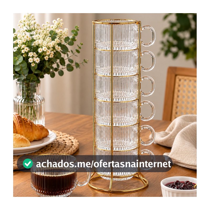Jogo 6 Xícaras de Café 90ml de Cristal Graffiato com Borda Dourada e Suporte