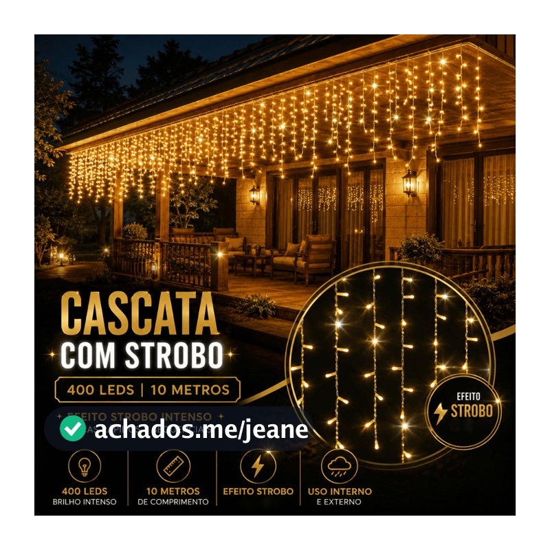 Pisca Cascata 400 LED Strobo 50 Flash 10m Proteção IP44 Prova D'água Luz Branco Quente