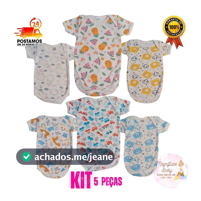 Kit 5 Body Manga Curta Estampado Body Bebê Manga Curta Estampada Kit Enxoval bebê Body Menino Menina 5 ou 3 peças