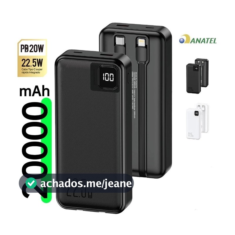 Carregador Portátil 20000mah Power Bank Turbo Com Tela LED Original Tipo C Para Iphone