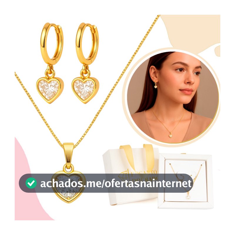 Kit Corrente + Brinco Feminino Coração Zircônia Banhado A Ouro Festa Casamento