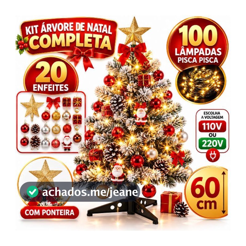 Arvore de Natal Nevada 60cm com 100 lâmpada pisca pisca 20 enfeites