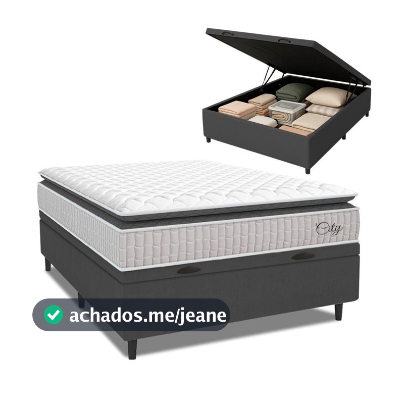 Cama Box Baú Colchão Casal Molas Ensacadas City Pillow Top 138x188x64cm Branco / Cinza Hellen