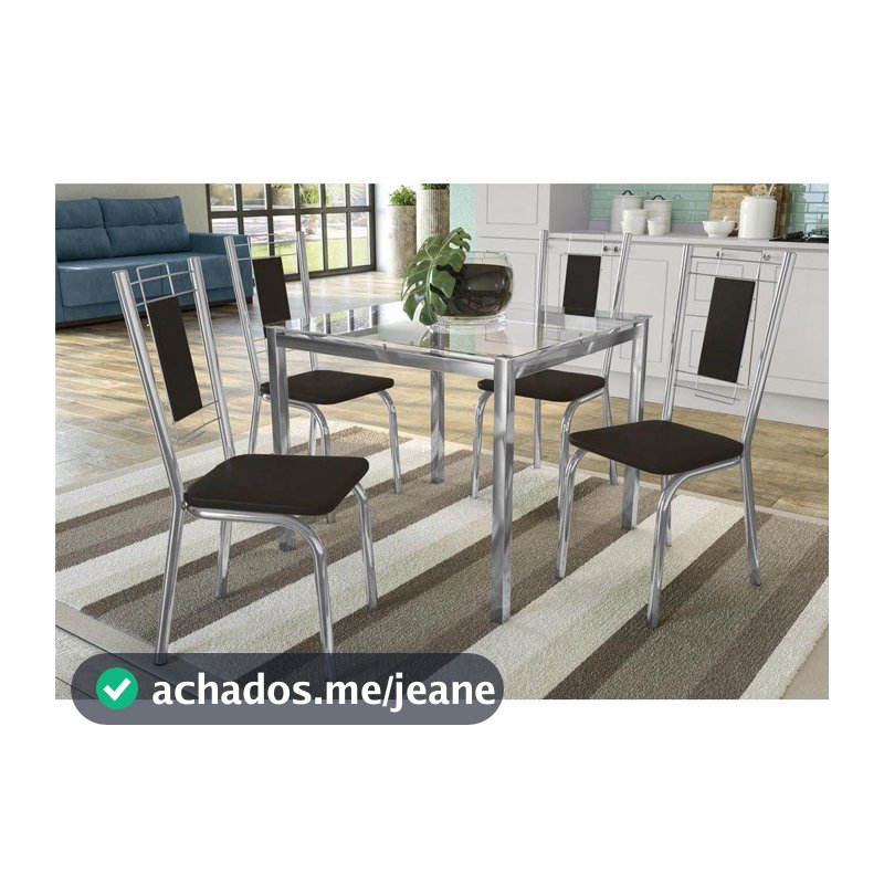 Sala de Jantar Completa Reno c/ Tampo Vidro 90cm + 4 Cadeiras Florença Cromado/Courano Preto - Kappesberg