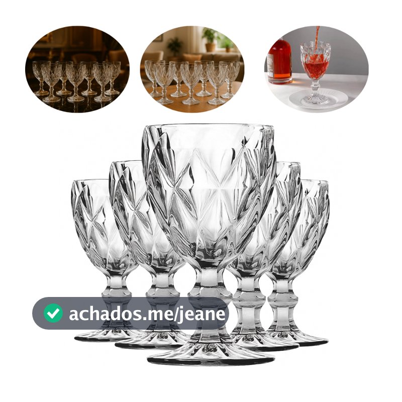 Jogo 6 /12 Taças Diamond 340ml Vidro Transparente Mesa Posta Luxo Taça Decorativa Elegante Cristal
