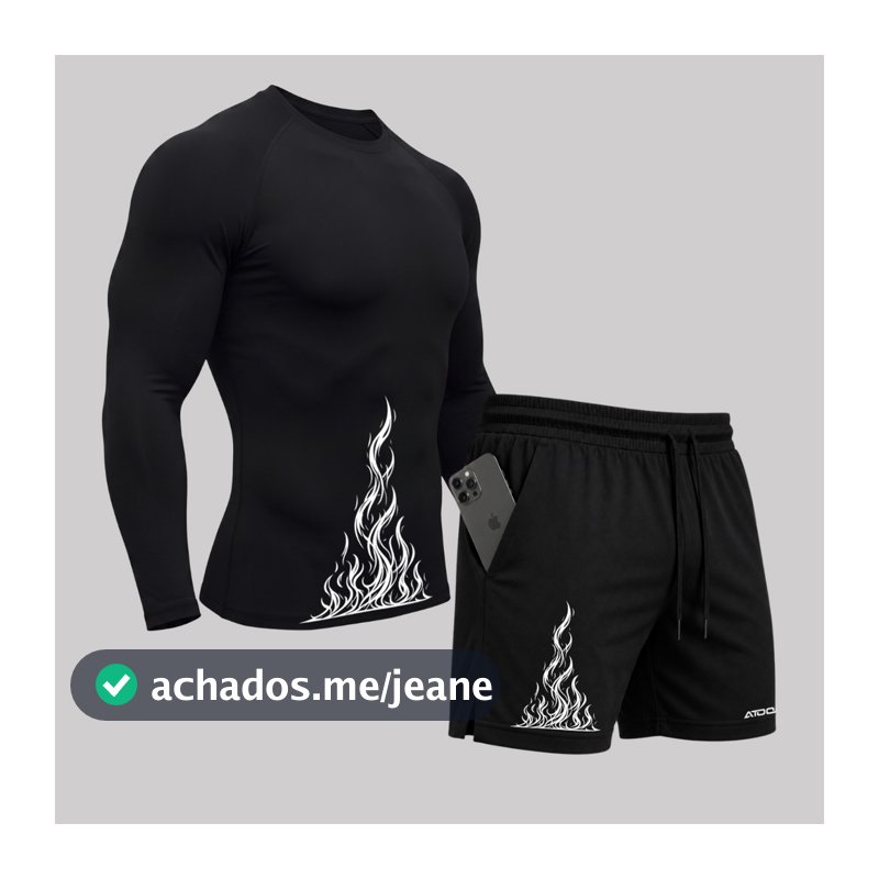 Kit Camiseta Térmica Manga Longa Uv E Bermuda Elastano Estampa Fire Ascension Rash Guard