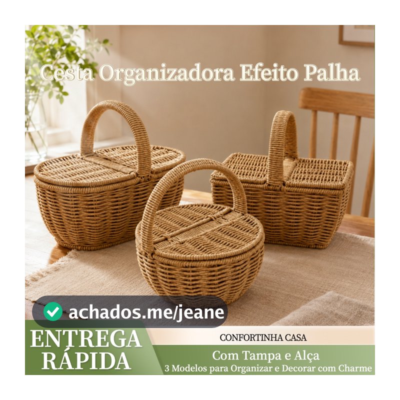 Cesta Organizadora Plástica com Tampa e Alça Efeito Palha para Piquenique e Decoração