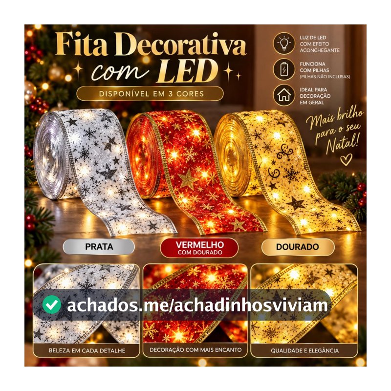 Fita De Natal Aramada com Luzes Decoração Natalina Árvore Laços Com LED Para Presente 4 metros Vermelha Dourada e Prata