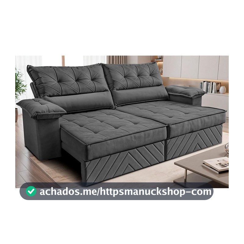 Sofá Retrátil e Reclinável 2,40m com Molas e Espuma D33 Thunder Velusoft Cinza Cama inBox
