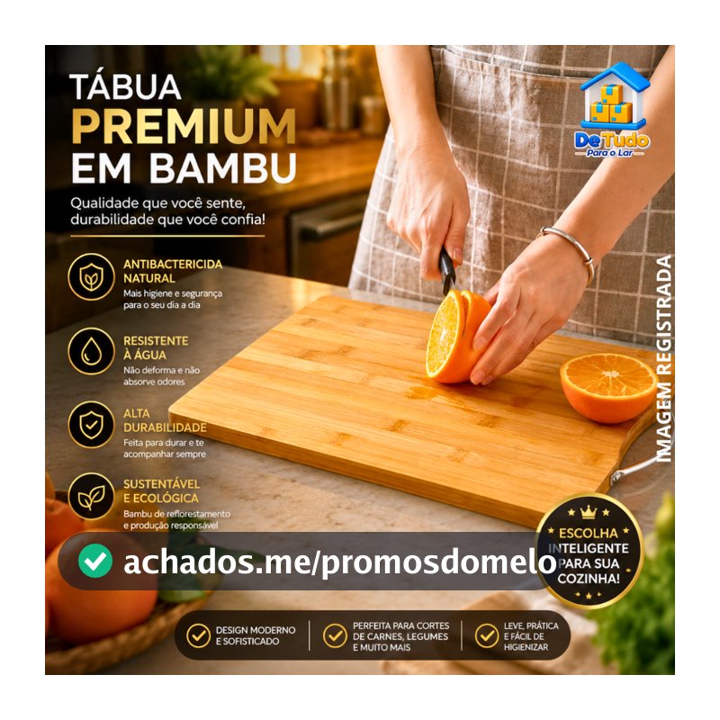 Tábua Bambu Alça Corte Cozinha Churrasco Masterchef Antibactericida Grande 36x26cm
