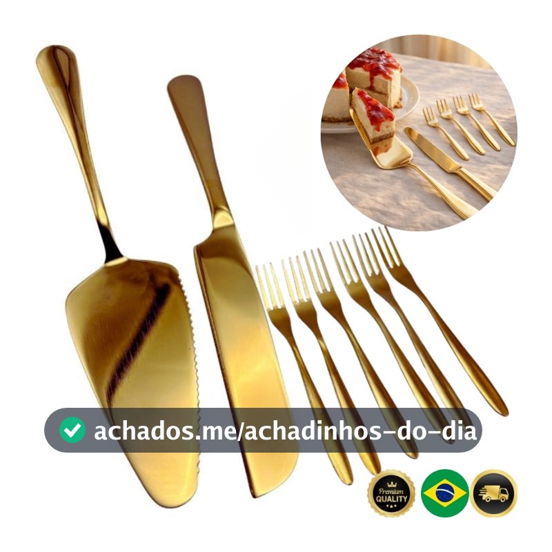 Jogo Talheres Dourados Para Bolo e Sobremesa – 8 Peças Luxo Inox