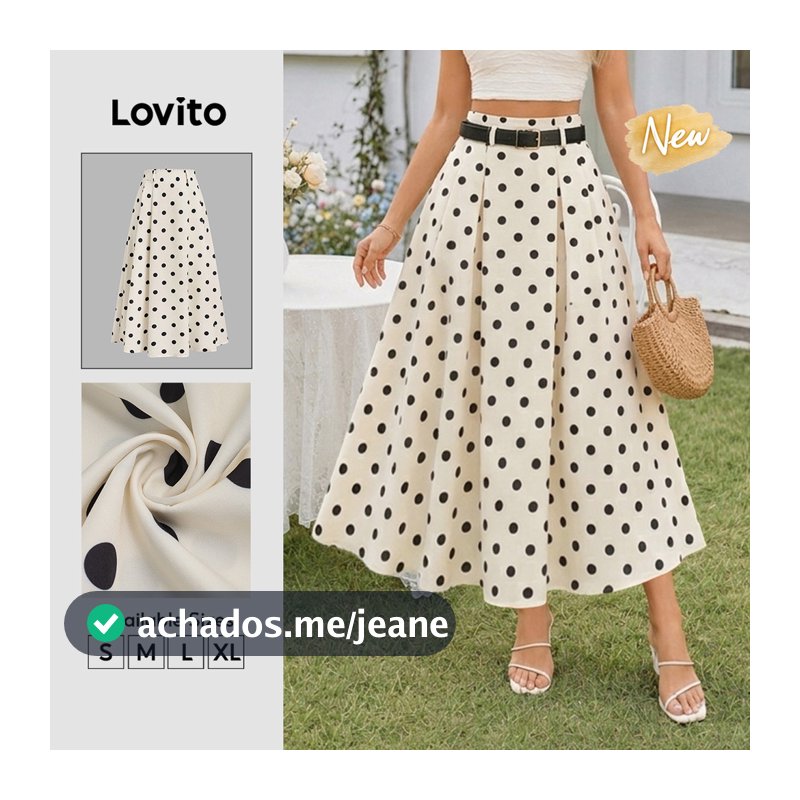 (New Arrival) Lovito Saia Feminino Longa Plissada Estilo Boho Com Estampa De Bolinhas Para Fins De Semana Casuais E Férias Em Preto E Branco SKB39BR131